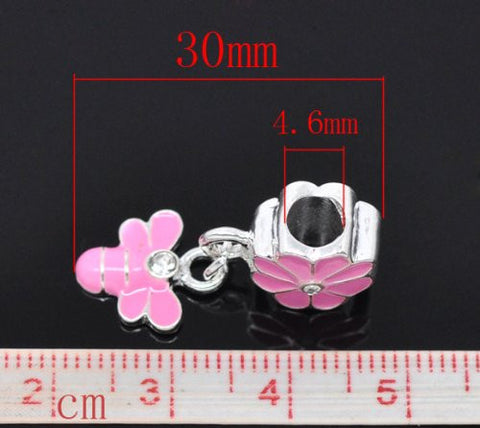 Pink Enamel Flower Bail with Bee Dangle Charm Charm European Bead Compatible for Most European Snake Chain Bracelet. - Sexy Sparkles Fashion Jewelry - 3