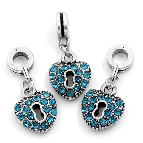 Aqua Crystals Heart Lock Dangle Charm Bead For Snake Chain Bracelets - Sexy Sparkles Fashion Jewelry - 2
