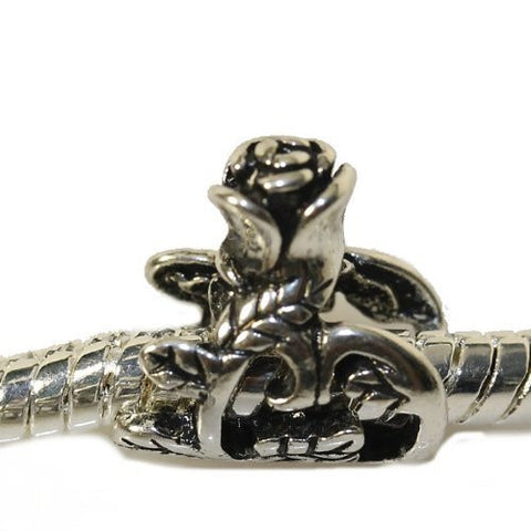 Silver Tone Tall Rose Flower Charm European Bead Compatible for Most European Snake Chain Bracelet - Sexy Sparkles Fashion Jewelry - 3
