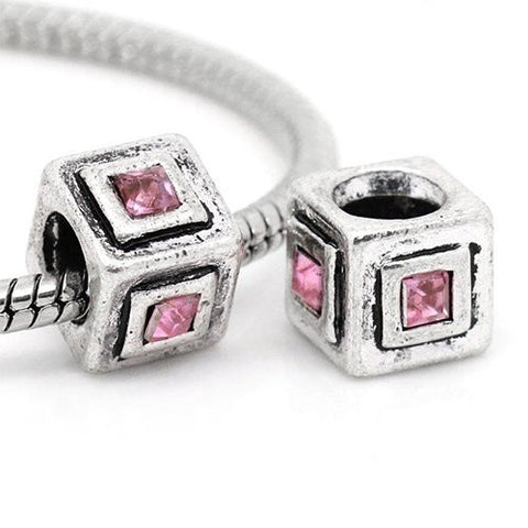 Cube Charm with pink  Rhinestone Crystals European Bead Compatible for Most European Snake Chain Bracelet - Sexy Sparkles Fashion Jewelry - 4