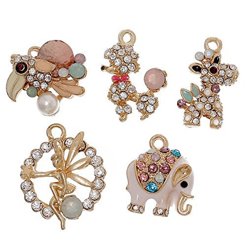 5 Mixed Charm Pendants Elephant, Fairy, Giraffe, Poodle and Parrot for Bracelet or Necklace
