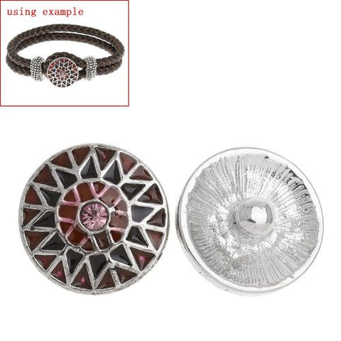 Chunk Snap Buttons Fit Chunk Bracelet Round Silver Tone Pink Rhinestone Enamel Red & Purple Flower Pattern Carved 20mm - Sexy Sparkles Fashion Jewelry - 2