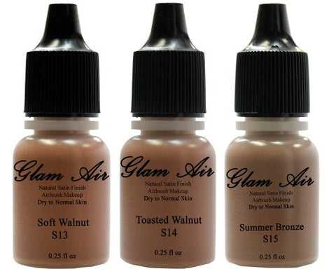 Set of Three (3) Airbrush Makeup Foundations Satin S13 Soft Walnut, S14 Toasted Walnut, S15 Summer Bronze Water-based Makeup Lasting All Day 0.25 Oz Bottle By Glam Air - Sexy Sparkles Fashion Jewelry - 1