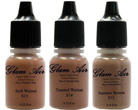 Set of Three (3) Airbrush Makeup Foundations Satin S13 Soft Walnut, S14 Toasted Walnut, S15 Summer Bronze Water-based Makeup Lasting All Day 0.25 Oz Bottle By Glam Air - Sexy Sparkles Fashion Jewelry - 1