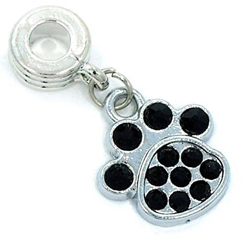 Dog Paw Dangle w/Black  Crystals European Bead Compatible for Most European Snake Chain Bracelet