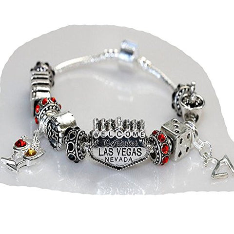 7.0" Viva Las Vegas Theme Charm with 12 Charms, Pocker Cards,Casino Chips,Dice,Martini Glass & Crystals charm beads, For Snake Chain Bracelets - Sexy Sparkles Fashion Jewelry - 1
