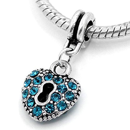 Aqua Crystals Heart Lock Dangle Charm Bead For Snake Chain Bracelets