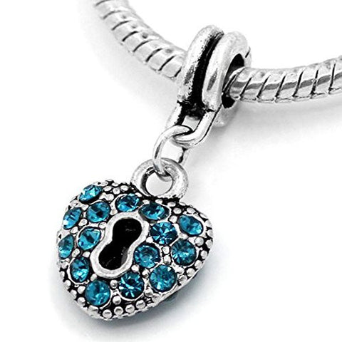 Aqua Crystals Heart Lock Dangle Charm Bead For Snake Chain Bracelets - Sexy Sparkles Fashion Jewelry - 1