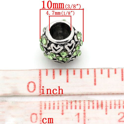 Hearts W/light Green  Rhinestones Bead Charm Spacer For Snake Chain Charm Bracelet - Sexy Sparkles Fashion Jewelry - 3