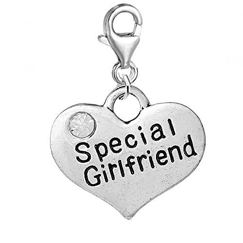 Heart 2 Sided w/ Clear  Crystal Stones Special Girlfriend Charm Clip On Pendant w/ Lobster Clasp