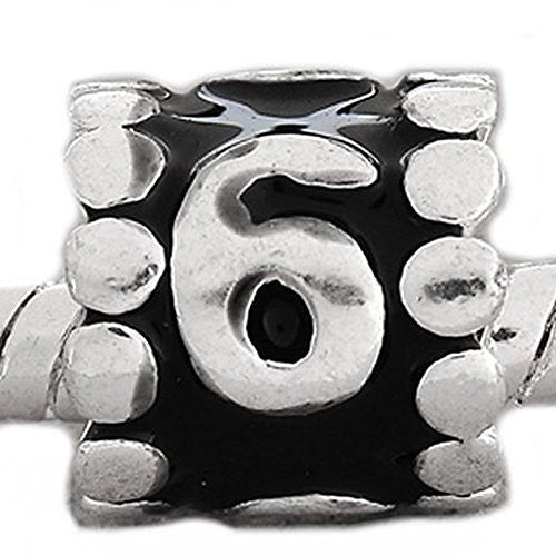 Black Enamel Number Charm Bead  "6" European Bead Compatible for Most European Snake Chain Charm Bracelets