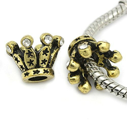 Gold Tone Crown Charm w/ Clear  Crystals European Spacer European Bead Compatible for Most European Snake Chain Bracelet