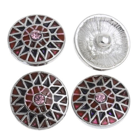 Chunk Snap Buttons Fit Chunk Bracelet Round Silver Tone Pink Rhinestone Enamel Red & Purple Flower Pattern Carved 20mm - Sexy Sparkles Fashion Jewelry - 4