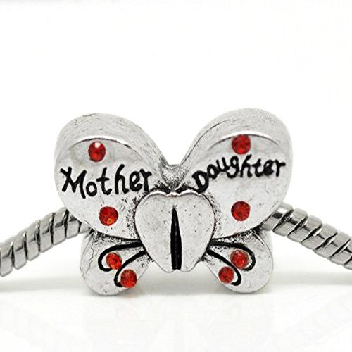 Mother Daughter Butterfly Charm w/ Red Rhinestones for Snake Chain Bracelet