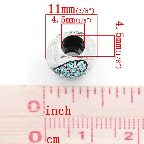 Heart Carved On Charm With Rhinestones Bead Spacer For Snake Chain Bracelet (Light Blue) - Sexy Sparkles Fashion Jewelry - 2