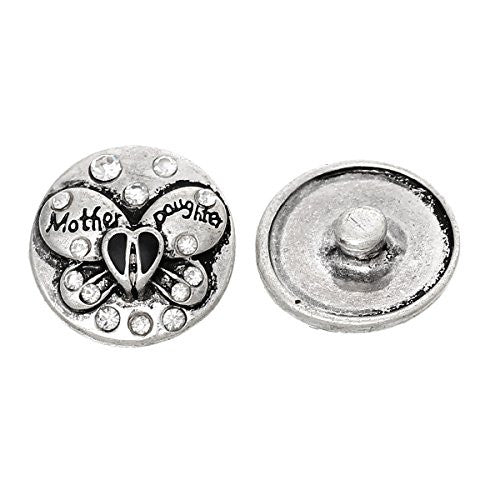 Chunk Snap Jewelry Button Round Antique Silver Fit Chunk Bracelet Clear Rhinestone Butterfly "Mother Daughter"