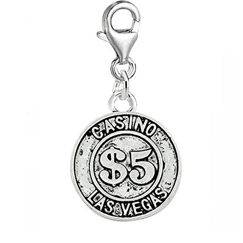 Las Vegas $5 Casino Token Clip On Charm Pendant for European Charm Jewelry w/ Lobster Clasp