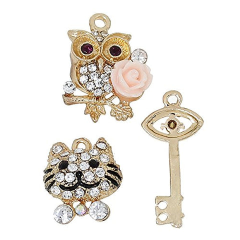 5 Mixed Charm Pendants Cat, Fairy, Key, Owl and Face for Bracelet or Necklace - Sexy Sparkles Fashion Jewelry - 2