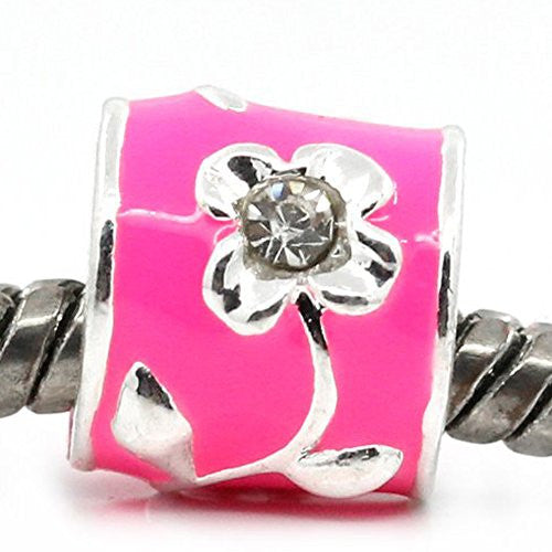 Pink Enamel Flower Design Charm European Bead Compatible for Most European Snake Chain Bracelet