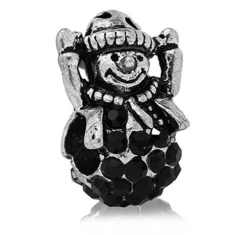 Christmas Snowman w/black Rhinestones Charm Bead for European Snake Chain Charm Bracelet - Sexy Sparkles Fashion Jewelry - 1