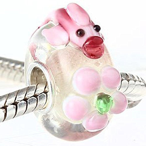 Adorable Pink Fish and Flower Murano Lampwork Glass Bead European Bead Compatible for Most European Snake Chain Charm Bracelet