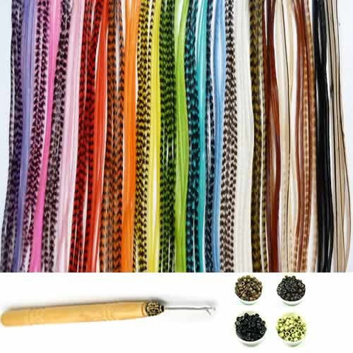 New 21 Pc Kit Vivid Mix 7-11 Feather Hair Extensions 10 Long Genuine Single Feathers + 10 Micro Beads & 1 Hook Tool (s Will Be Chosen Randomly)