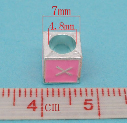 "X" Letter Square Charm Beads Pink Enamel European Bead Compatible for Most European Snake Chain Charm Braceletss - Sexy Sparkles Fashion Jewelry - 3
