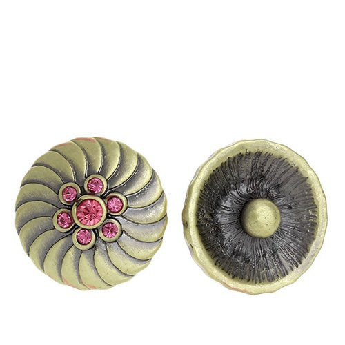 Chunk Snap Buttons Fit Chunk Bracelet Round Antique Bronze Flower Pattern Carved Pink Rhinestone 20mm