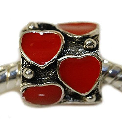 Red Enamel Hearts on Charm European Bead Compatible for Most European Snake Chain Bracelet