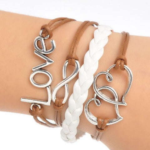 Braiding Leatheroid Wax Rope Bracelets Coffee Antique Silver Double Hearts Infinity Symbol Love W/Lobster Clasp - Sexy Sparkles Fashion Jewelry - 3