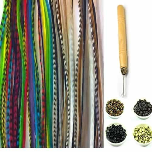 New 21 Pc Kit Natural Forest Mix 7-11 Feather Hair Extensions 10 Long Genuine Single Feathers + 10 Micro Beads & 1 Hook Tool (s Will Be Chosen Randomly)