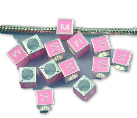 "M" LetterSquare Charm Beads Pink Enamel European Bead Compatible for Most European Snake Chain Charm Braceletss - Sexy Sparkles Fashion Jewelry