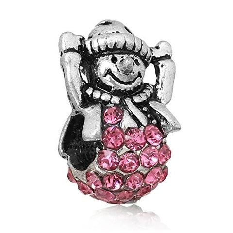 Christmas Snow Man With Pink Crystals Charm Bead for European Snake Chain Charm Bracelet - Sexy Sparkles Fashion Jewelry - 1