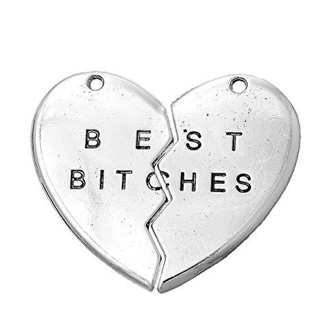 Silver Tone BFF Best Bitches Split Heart Pendant for Necklace - Sexy Sparkles Fashion Jewelry - 1