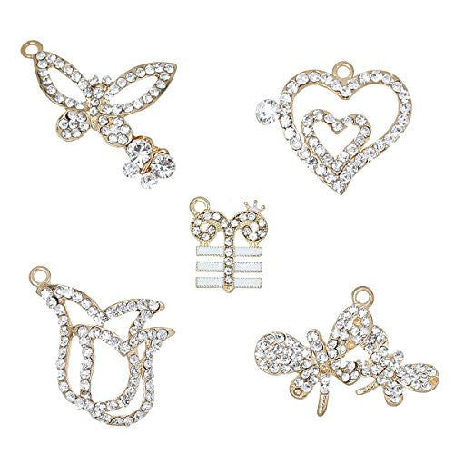 5 Mixed Charm Pendants Heart, Butterfly, Dragonfly, Flower and T with Crown for Bracelet or Necklace