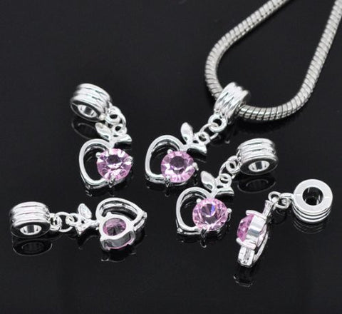 Pink Rhinestone Apple Heart Dangle Bead Compatible for Most European Snake Chain Braceletfor Snake Chain Bracelet - Sexy Sparkles Fashion Jewelry - 3