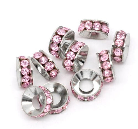 Silver Tone Pink Rhinestone Rondelle Spacer Beads Fit European Bracelet - Sexy Sparkles Fashion Jewelry - 2