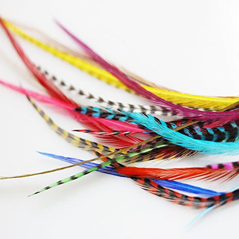 Feather Hair Extension 20 Individual Vivid Grizzly and Solid  Block Mix 7-11 in Length Plus 10 Silicone Crimp Beads - Sexy Sparkles Fashion Jewelry - 3