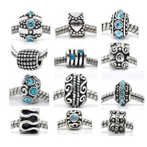 Ten (10) Assorted Mix Metal & Aquamarine  Rhinestone Charms for Snake Chain Charm Bracelet - Sexy Sparkles Fashion Jewelry