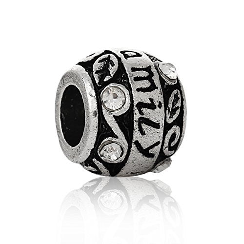 "Family" Carved Barrel Charm Bead w/Clear Crystals