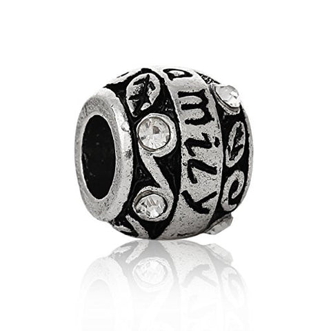 "Family" Carved Barrel Charm Bead w/Clear Crystals - Sexy Sparkles Fashion Jewelry - 1