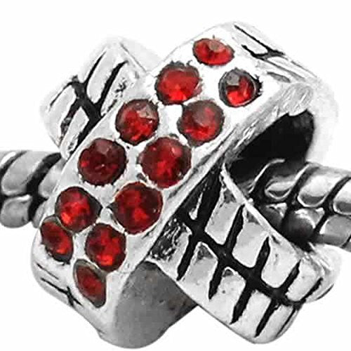 X Design W/ruby Red July Birthstone  Crystals Charm European Bead Compatible for Most European Snake Chain Bracelet