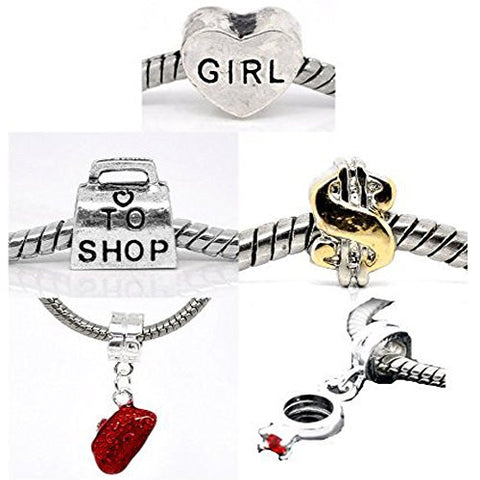 Set of 5 Charms Love to Shop Charm Beads For Snake Chain Bracelets - Sexy Sparkles Fashion Jewelry - 1