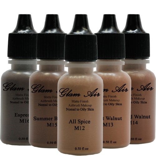 Glam Air Airbrush Water-based Large 0.50 Fl. Oz. Bottles of Foundation in 5 Assorted Dark Matte Shades (For Oily to Normal Skin) - Sexy Sparkles Fashion Jewelry - 1