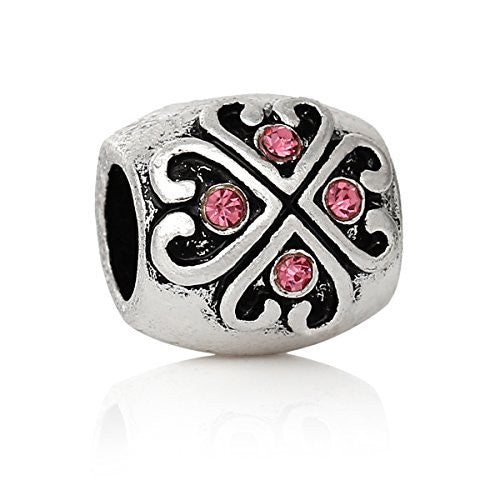 Heart Pattern w/ Rhinestones Bead Compatible for Most European Snake Chain Bracelet (Fuchsia)