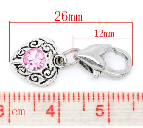 Heart Antique Silver October Rhinestone  Clip On Charms. Fits Thomas Sabo 26x10mm, - Sexy Sparkles Fashion Jewelry - 2