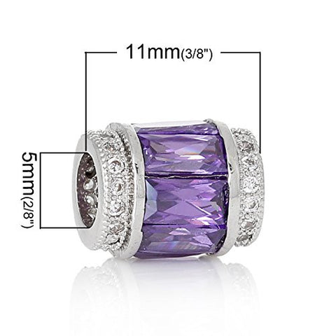 Copper European Charm Beads Cylinder Silver Tone Purple Cubic Zirconia - Sexy Sparkles Fashion Jewelry - 2