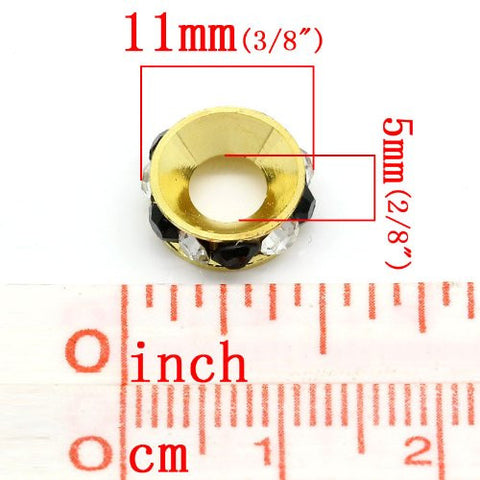Copper European Charm Rhinestone Rondelle Spacer Beads Round Gold Plated Black & Clear Rhinestone - Sexy Sparkles Fashion Jewelry - 3
