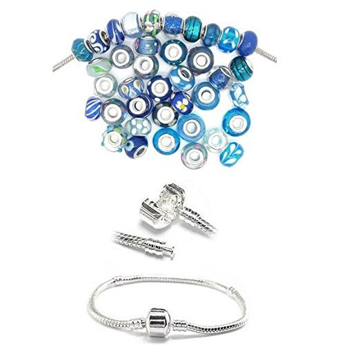 9" Snake Chain Bracelet + Ten (10) Pack of Assorted Blue Glass Beads