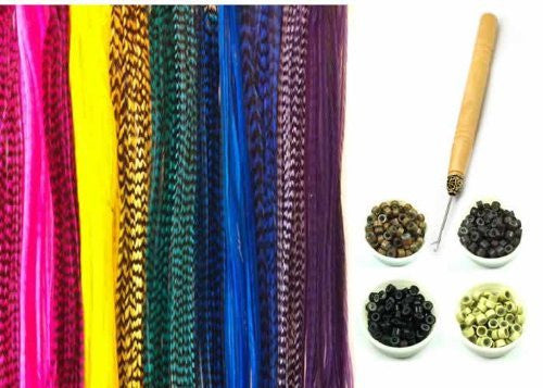 New 21 Pc Kit Raindow Mix 7-11 Feather Hair Extensions 10 Long Genuine Single Feathers + 10 Micro Beads & 1 Hook Tool (s Will Be Chosen Randomly)